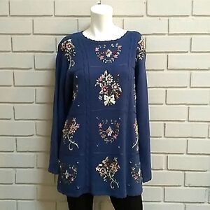 Maggie Lawrence Blue Floral Embroidered beaded Sweater. Size See Measurements